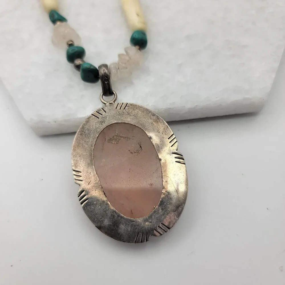 Navajo 925 Sterling Silver Rose Quartz Turquoise Bone Necklace - Picture 3 of 5